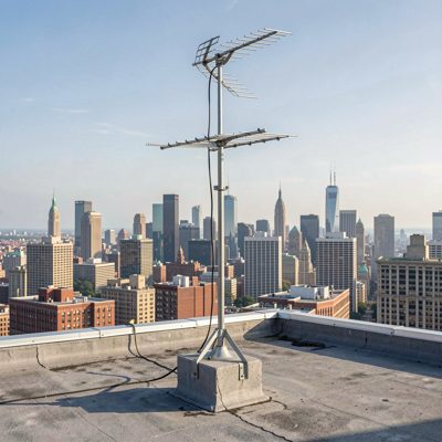 a rooftop antenna with a city skyline behind it