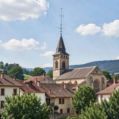 a village with a wireless mast on the church tower