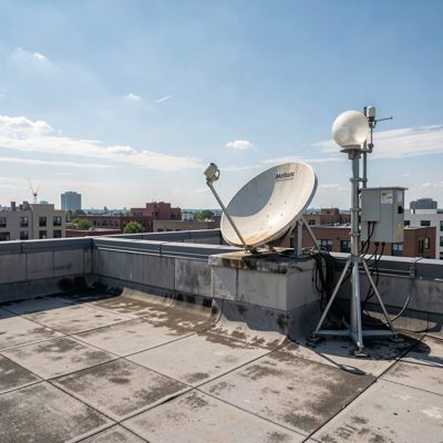 a rooftop with a dish and a weather station beside it