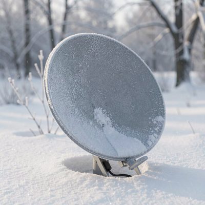 a wireless dish covered in frost on a winter morning
