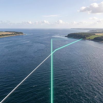a wireless link path running over open water between two shores