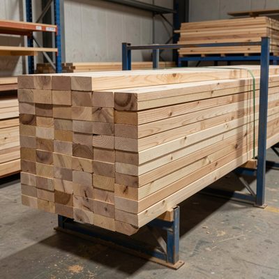 a stack of hardwood boards in a rack