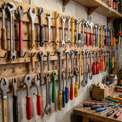 a workshop wall of hand tools on hooks