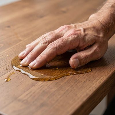 a hand rubbing oil into a finished surface