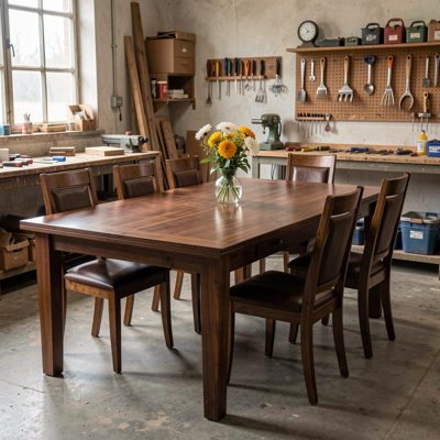 a finished dining table in a workshop