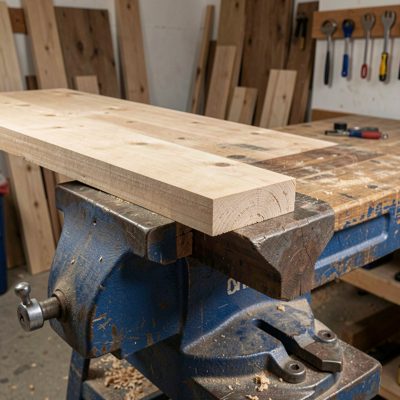 a bench vice holding a board on edge