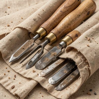 a set of carving gouges rolled in canvas