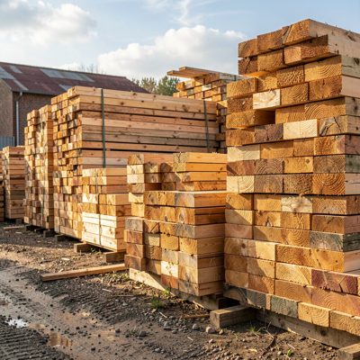 a timber yard with stacked boards