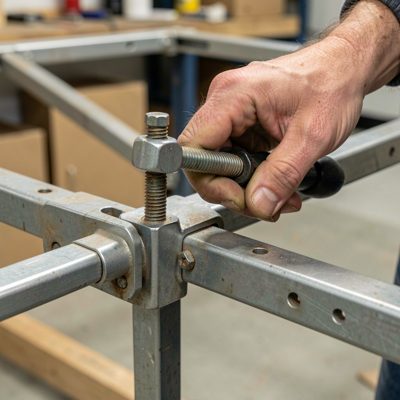 a hand tightening a clamp on a frame
