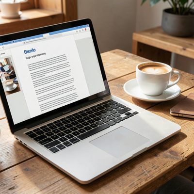 a laptop with a document open and a coffee