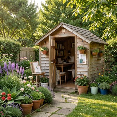 a writing shed at the end of a garden