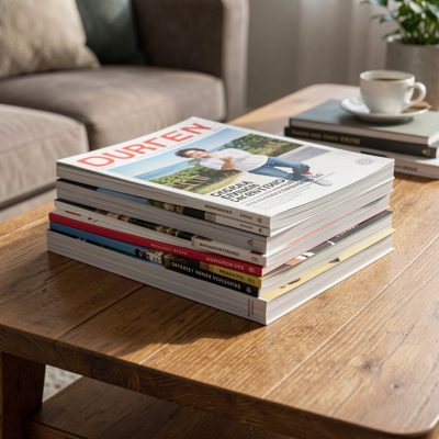 a stack of magazines on a coffee table