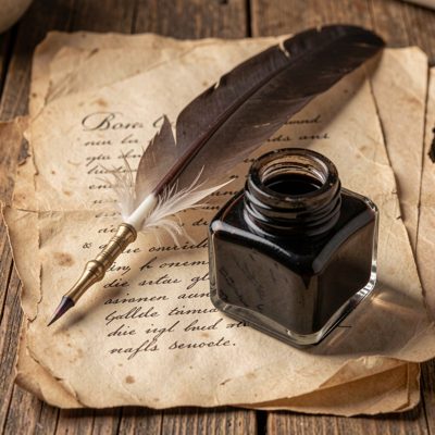 a quill and inkpot on aged paper