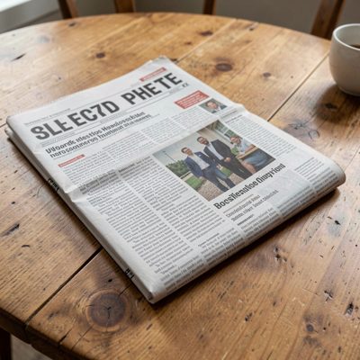 a printed newspaper folded on a table