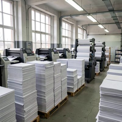 a printing house with paper stacks