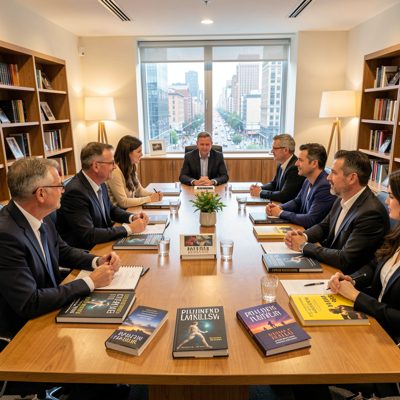 a publisher's meeting around a table of covers