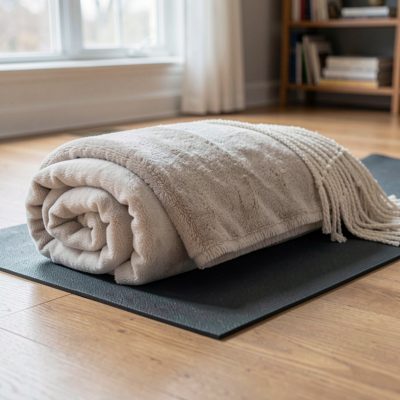 a bolster and blanket ready for restorative yoga