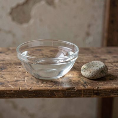 a bowl of water and a small stone on a shelf