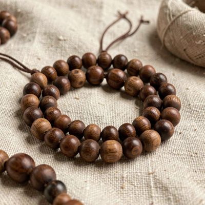a mala of wooden beads on a cloth