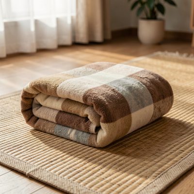 a folded blanket at the end of a mat