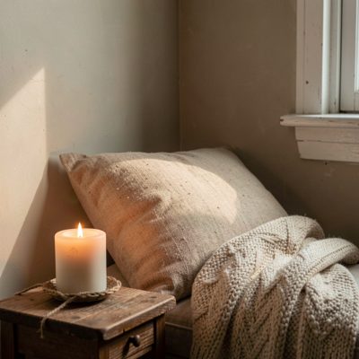 a quiet corner with a cushion and a candle