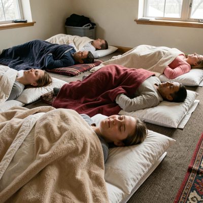 a group in savasana under blankets