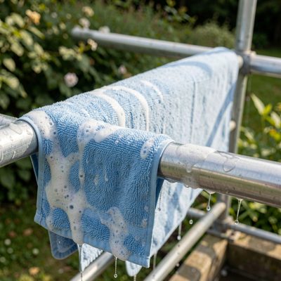 a mat drying over a rail after cleaning
