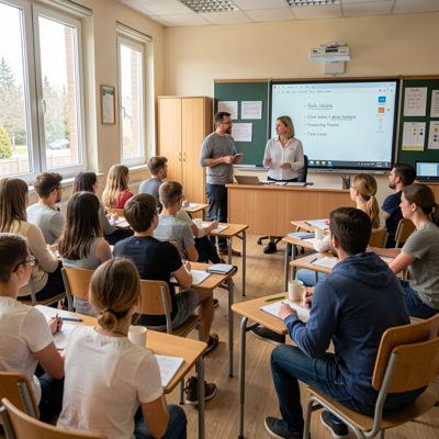 a class listening to a teacher seated at the front